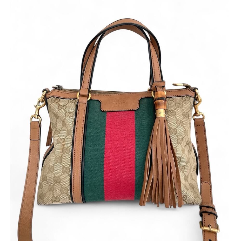 Gucci Rania Monogram GG Web Convertible Top Handle Shoulder Bag Leather Canvas